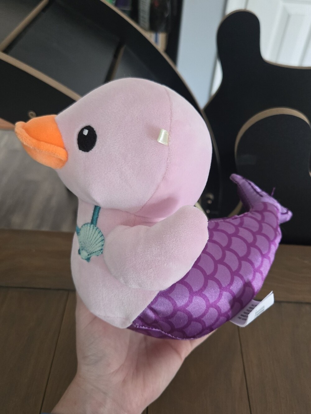Plush Pink Mermaid Duck Toy with Orange Beak Shell Bikini Design - Picture 3 of 6
